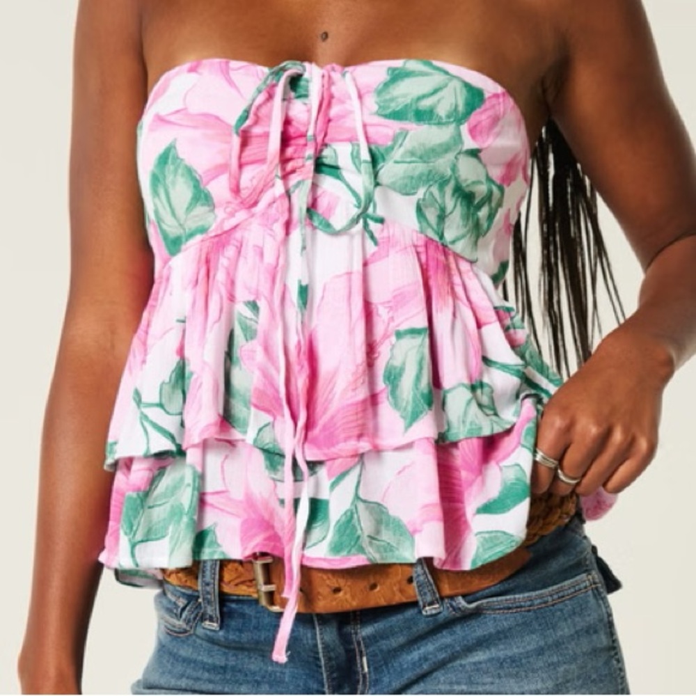 Hollister Pink and Green Floral Strapless Blouse